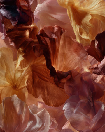 Delicate layers of softly colored flower petals blend together in warm tones. The beautiful arrangement showcases natures artistry and stunning colors.の素材