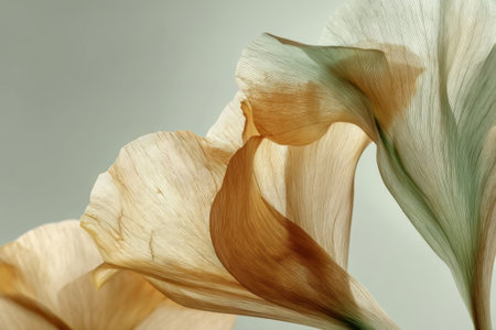 Delicate flowers with translucent petals catch soft light, showcasing shades of cream and peach. They create an elegant and peaceful atmosphere in a cozy space.の素材