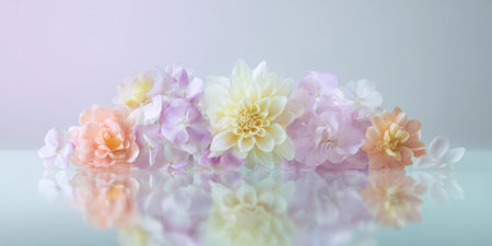 Soft pastel flowers in pink, yellow, and lavender hues rest gently on a smooth reflective surface. The delicate petals create a calming and serene atmosphere.の素材