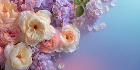 A stunning arrangement of pastel roses and hydrangeas fills the frame, showing soft colors and intricate petals against a gentle background.の素材