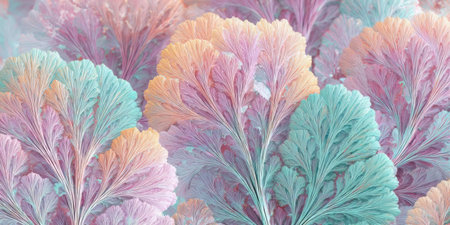 Delicate and vibrant leaf-like shapes in pastel hues blend together, forming a stunning abstract design. The colors gently transition, creating visual harmony.の素材