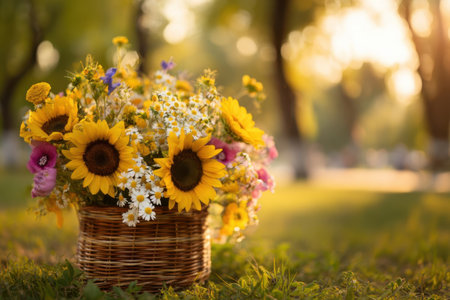 Bright sunflowers and colorful wildflowers fill a woven basket placed on grass under soft sunlight. The scene captures the warmth of a peaceful afternoon.の素材