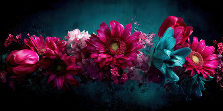A colorful arrangement of flowers showcases shades of pink, red, and teal against a dark background, highlighting their unique textures and beauty.の素材