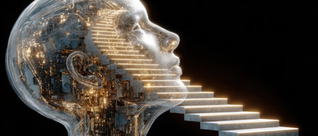 A transparent head filled with lights and structures shows stairs leading upward, symbolizing the journey of thoughts and ideas in a creative manner.の素材