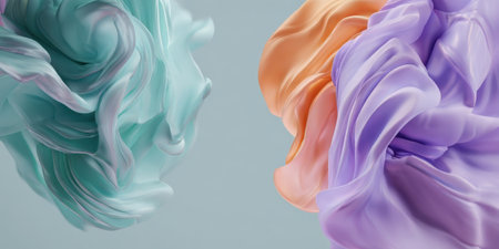 A blend of soft pastel colors swirls gracefully against a light background, creating an elegant and dynamic visual display of flowing shapes and textures.の素材