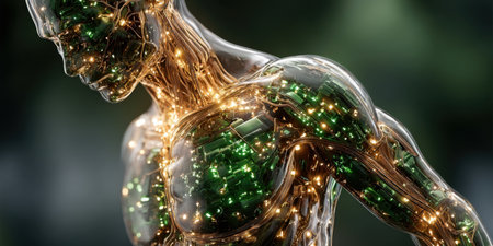 A transparent human figure with intricate circuits and glowing lights, symbolizing the fusion of technology and humanity.の素材