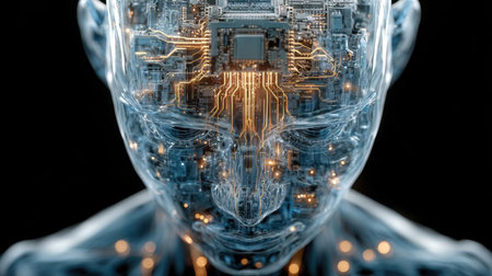 A transparent humanoid figure shows intricate circuits and connections inside its head, depicting a blend of technology and human features in a dark setting.の素材