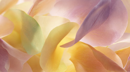 Delicate petals in soft shades of purple and yellow blend together to form a calming, gentle scene, perfect for creating a peaceful ambiance.の素材