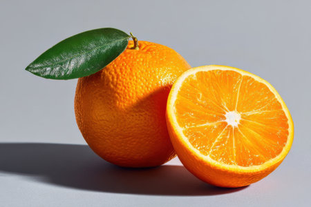 A whole orange and its half are displayed on a gray surface. The fruit is vibrant and juicy, with a green leaf attached to the whole orange.の素材