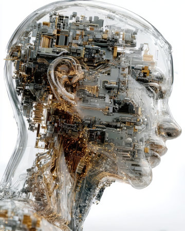 A futuristic robotic head design presents complex circuitry and wiring.の素材