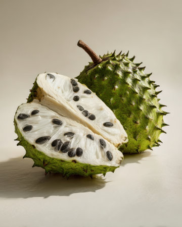 A whole soursop fruit is displayed alongside a halved version, showing its white, creamy flesh and dark seeds against a neutral background.の素材