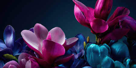Vibrant flowers display a mix of pink, purple, and blue shades against a dark backdrop, showing their delicate petals and natural beauty in stunning detail.の素材