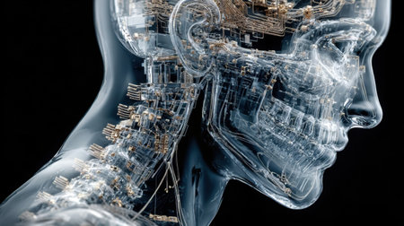 A transparent robotic head reveals complex wiring and circuits, showing advanced technology in AI and robotics.の素材