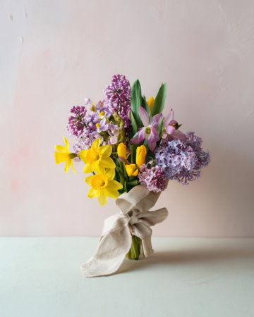 A vibrant bouquet featuring tulips, hyacinths, and daffodils is elegantly wrapped with a ribbon. Soft pastel background enhances the floral colors on a simple table.の素材