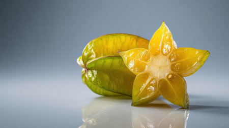 A ripe star fruit sits on a reflective surface with one half sliced open. Its bright yellow color and star shape highlight its juicy texture and freshness.の素材