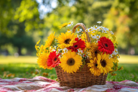 A picnic basket filled with colorful sunflowers and daisies rests on a blanket in a sunny park. The vibrant flowers bring joy to the warm afternoon.の素材