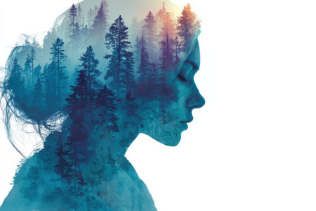 A silhouette of a womans profile filled with a serene forest landscape. This artwork combines nature and humanity in a peaceful and artistic way.の素材