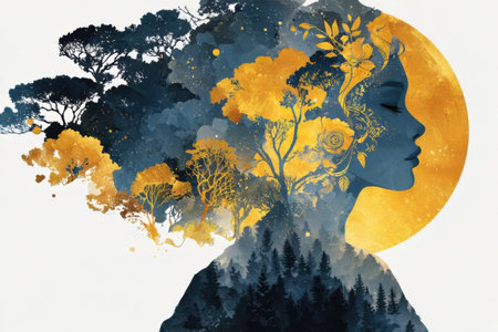 A womans silhouette merges with a colorful landscape featuring trees and a bright sun, showing a harmony between nature and femininity in a creative art piece.の素材
