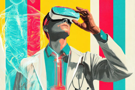 A doctor wearing virtual reality goggles engages with digital features while surrounded by vibrant colors. This scene showcases innovation in healthcare technology.の素材