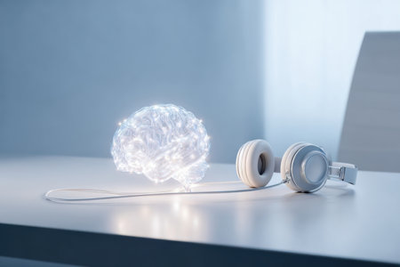 A glowing brain model beside white headphones sits on a modern table in a well-lit workspace, symbolizing creativity and sound.の素材