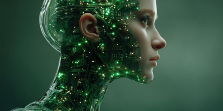A futuristic figure with a human shape, featuring a face composed of glowing circuits and lights. The artwork conveys a blend of technology and humanity.の素材