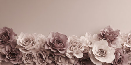 Delicate roses in shades of cream and mauve are beautifully arranged along a wall, creating a serene and inviting atmosphere perfect for events or decor.の素材