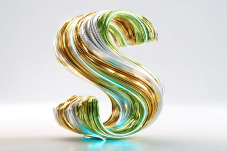 A vibrant letter S is crafted from soft, swirling materials in green, gold, and white. The smooth texture catches light, creating a dynamic and eye-catching effect, ideal for art projects.の素材