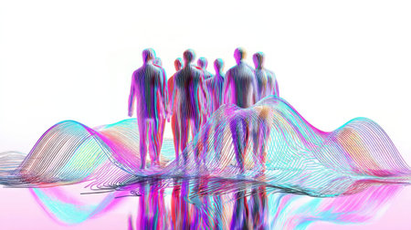 A group of human-like figures stands amidst colorful, flowing wave patterns. The scene combines abstract shapes and bright colors, creating a sense of movement and depth.の素材