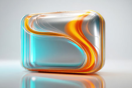 A stylish suitcase showcases a unique design with flowing lines and bright orange and blue colors. Its glossy surface reflects light, creating a modern travel accessory.の素材