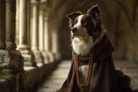 A calm dog sits in a historic stone corridor, adorned with a brown robe and prayer beads. Sunlight filters through arches, creating a peaceful atmosphere in this serene space.の素材