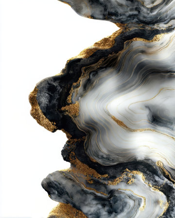 This artwork showcases a flowing design of black and gold marble textures against a white background, creating an elegant and modern visual effect for any space.の素材