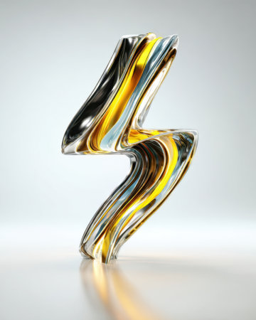 This striking glass sculpture resembles a lightning bolt, featuring a mix of colors like yellow, blue, and silver. It sits elegantly against a simple backdrop, highlighting its design.の素材