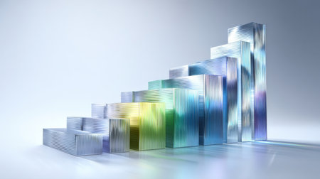 A series of colorful 3D bars increases in height, showing growth. The reflective surfaces create a dynamic visual effect, suggesting progress and success in the business world.の素材