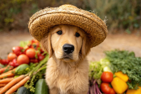 A golden retriever wearing a straw hat stands proudly among an assortment of fresh vegetables, including carrots, tomatoes, and zucchini, in a natural outdoor setting.の素材