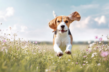 A playful beagle joyfully runs through a sunny field filled with colorful flowers. The dog has its ears flapping in the breeze and a lively expression on its face.の素材