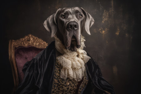 A great dane dressed in ornate clothing sits regally on a vintage chair. The setting has an old-world charm with dark, textured walls and soft lighting enhancing the scene.の素材