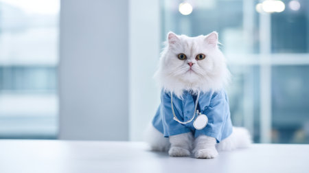 A fluffy white cat wearing a blue coat and stethoscope sits on a table in a bright, modern clinic. The background shows soft lighting and blurred office furniture.の素材
