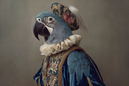 A vibrant blue parrot showcases its beauty while wearing an elaborate royal outfit. The costume features intricate designs and a feathered hat, adding to the majestic look.の素材