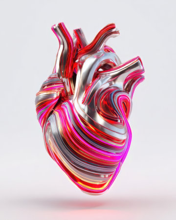 This vibrant heart sculpture features smooth, flowing patterns in shades of red and metallic hues. It stands alone on a white background, showing artistic creativity and design.の素材