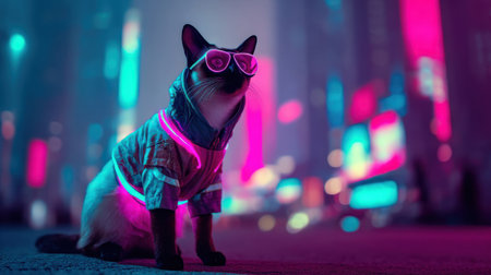 A stylish cat wearing sunglasses and a colorful outfit stands on a city street. Neon lights illuminate the background, creating a lively and modern atmosphere at night.の素材