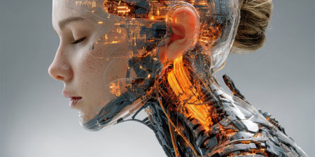 Human and machine blend in a futuristic setting at duskの素材