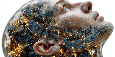 Human-like robot head with glowing circuits and technologyの素材