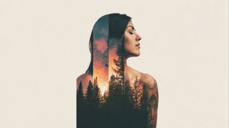 Woman with forest silhouette and sunset backgroundの素材