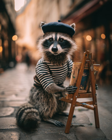 A raccoon dressed in a striped shirt and beret is focused on painting on a small easel in a charming street filled with warm lights at dusk.の素材