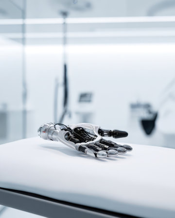 A robotic hand lies on a smooth surface in a high-tech laboratory. The environment is sleek and sterile, suggesting advanced technology and innovation at work.の素材