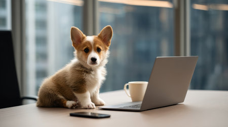 A playful corgi puppy sits on a modern office desk beside a laptop and a coffee cup. The scene is bright, with large windows showing a cityscape in the background.の素材