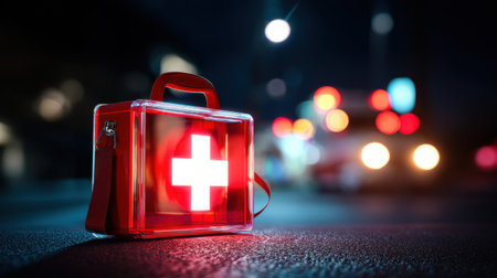 A bright red first aid kit sits on the road at night, illuminated by emergency vehicle lights in the background, signaling a situation requiring medical attention.の素材