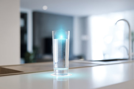 A clear glass filled with water sits on a white countertop in a contemporary kitchen. A soft blue glow emanates from the glass, creating an enchanting atmosphere.の素材