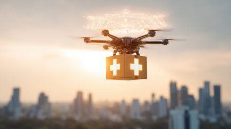 A drone carries a medical supply box marked with red crosses over a vibrant city skyline during sunset. The scene showcases technological advancement and urban life.の素材