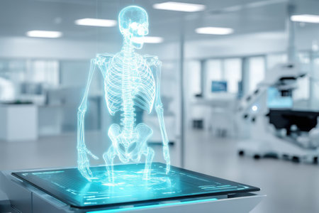A holographic skeleton is showcased in a sleek medical lab. The translucent figure stands on a digital platform, surrounded by advanced medical equipment and bright lighting.の素材